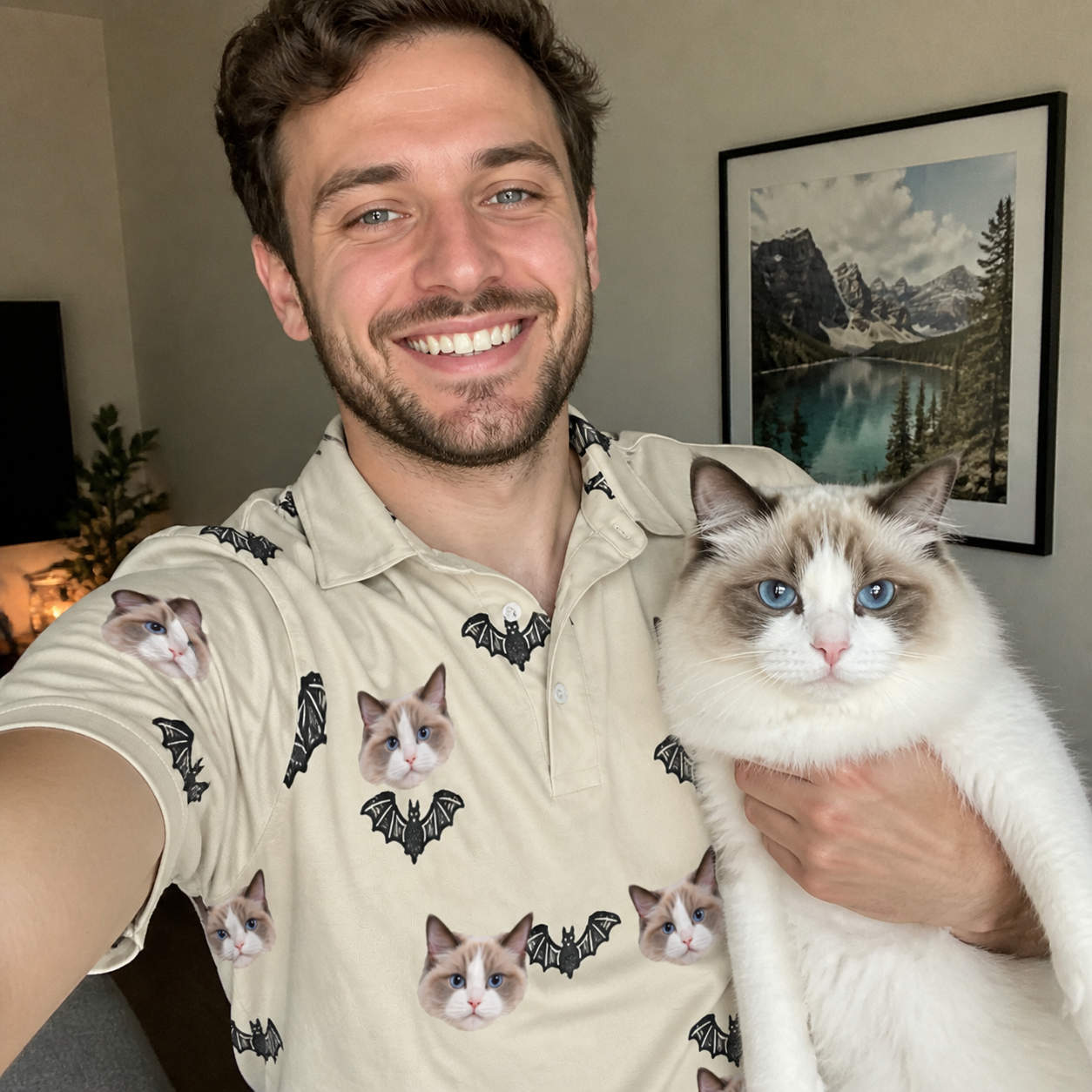 Selfie with the pet whose face is printed all over this Men's Winged Whispers Custom Cat Face Polo Shirt