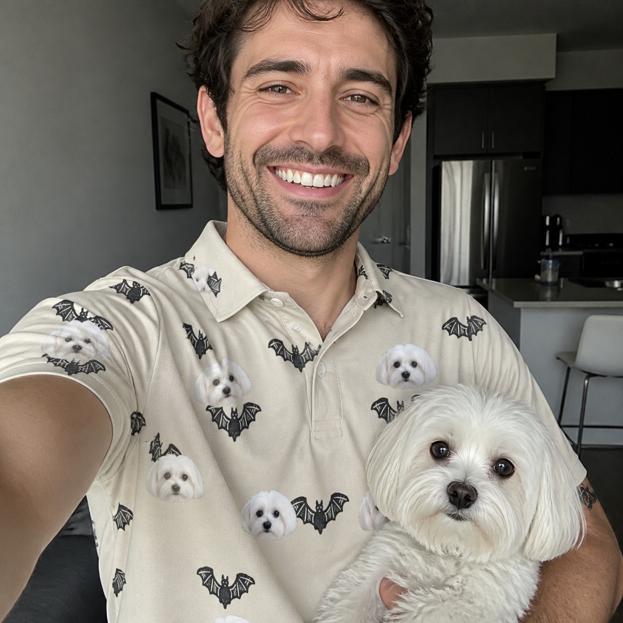 Selfie with the pet whose face is printed all over this Men's Winged Whispers Custom Dog Face Polo Shirt