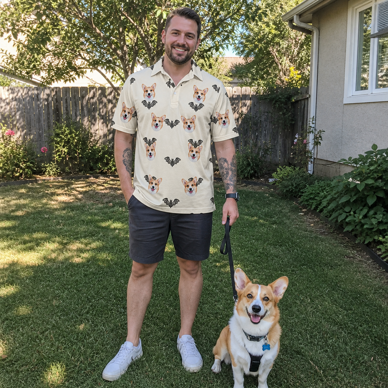 Full-length photo with the pet printed all over this Men's Winged Whispers Custom Dog Face Polo Shirt