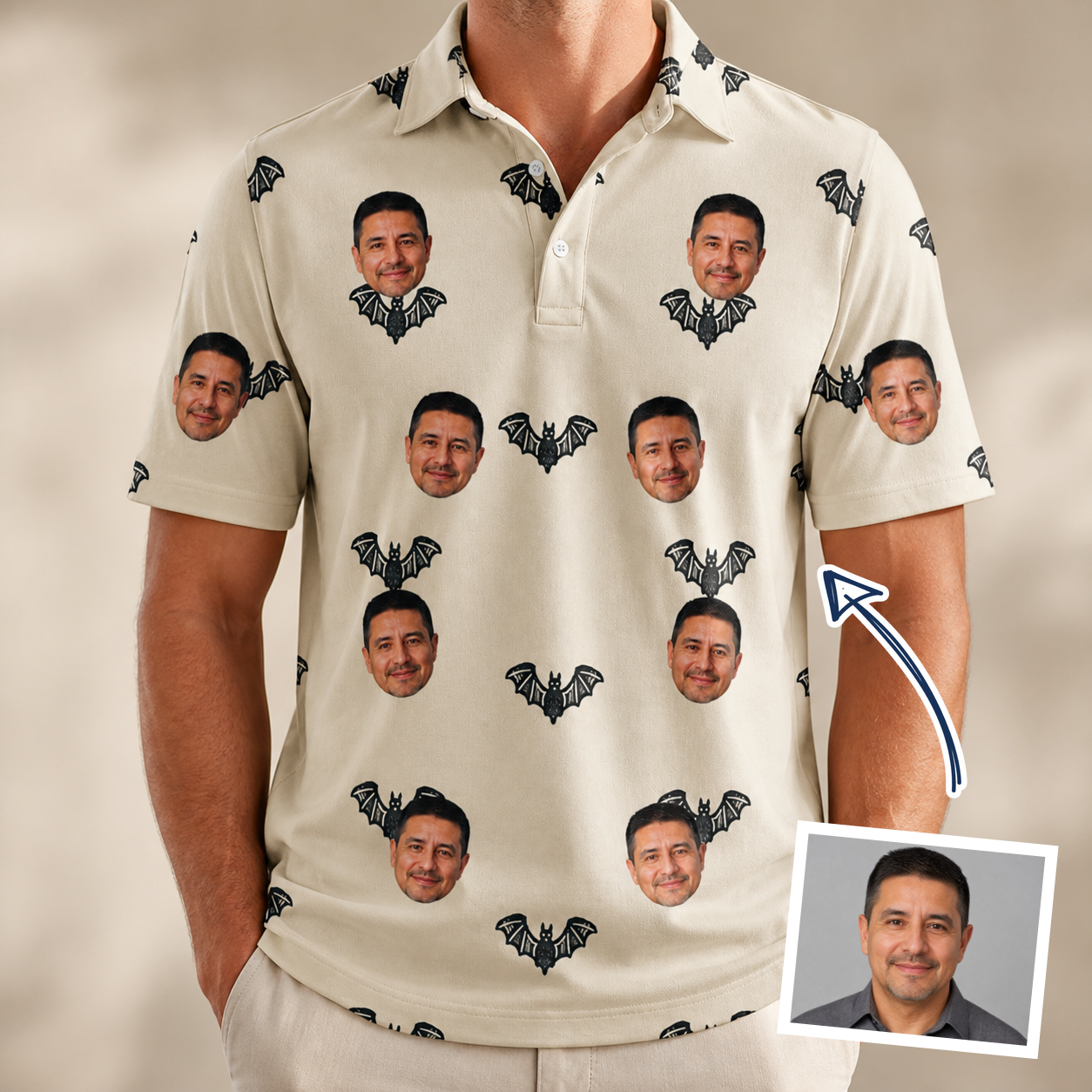 Man wearing Men's Winged Whispers Custom Face Polo Shirt — custom faces printed all-over