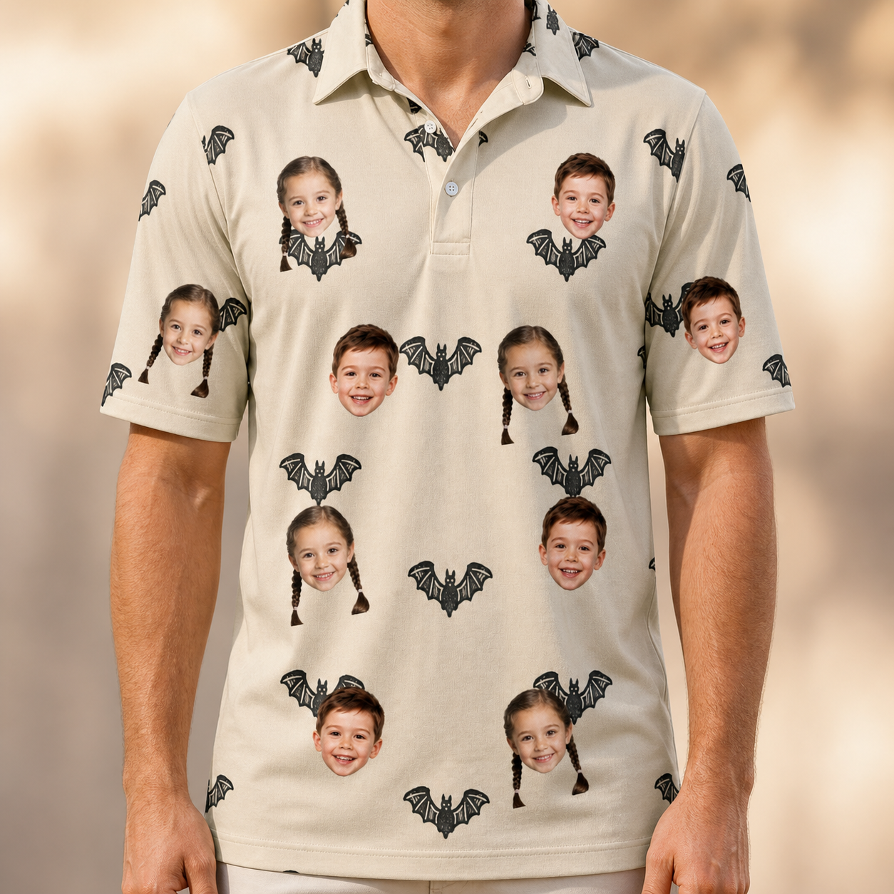 Model wearing Men's Winged Whispers Custom Face Polo Shirt printed with kids' faces