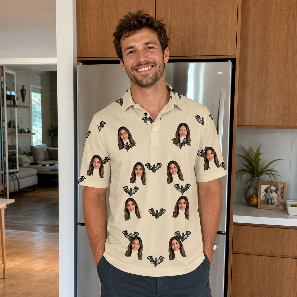 Real-life photo of someone wearing Men's Winged Whispers Custom Face Polo Shirt — custom faces printed all-over