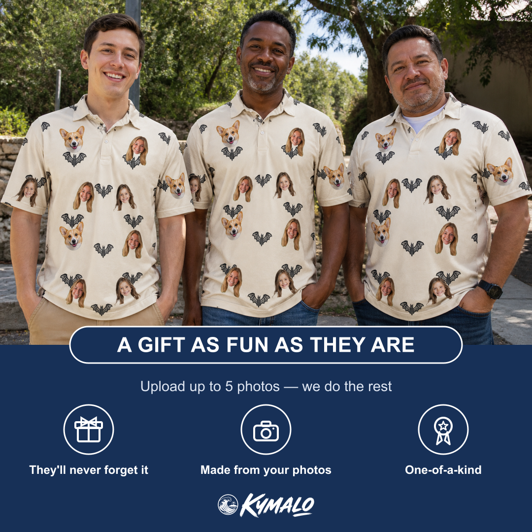 Friends in matching Men's Winged Whispers Custom Face Polo Shirt — a group gift photo
