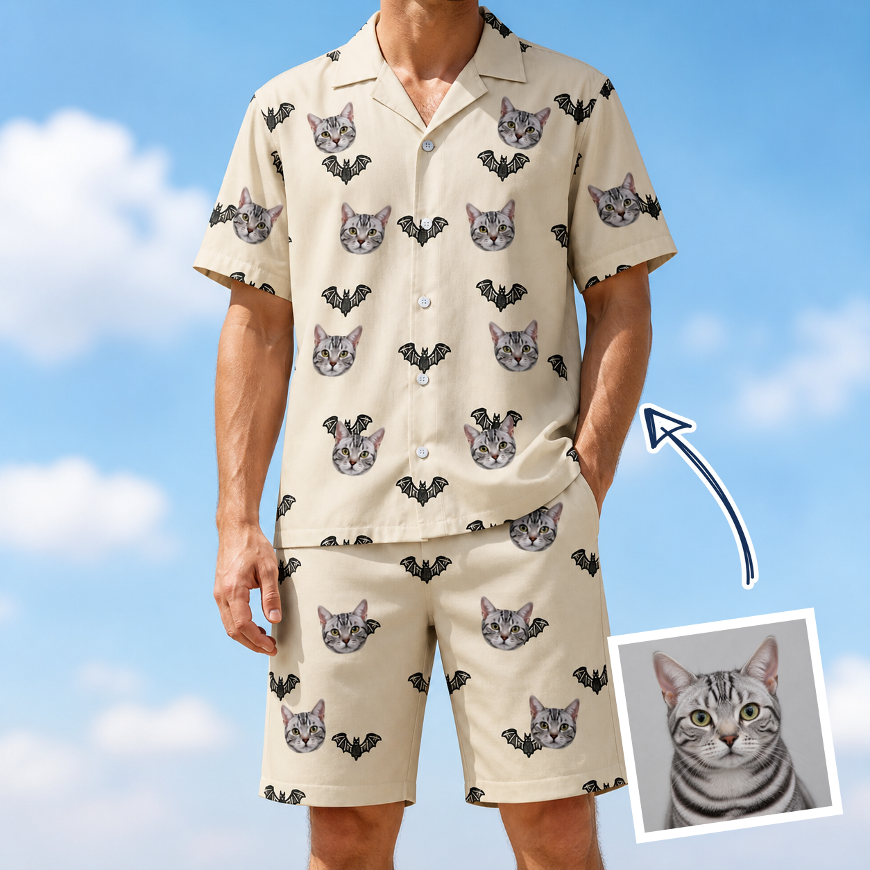 Man wearing Men's Winged Whispers Custom Cat Face Shirt & Shorts Set — custom faces printed all-over
