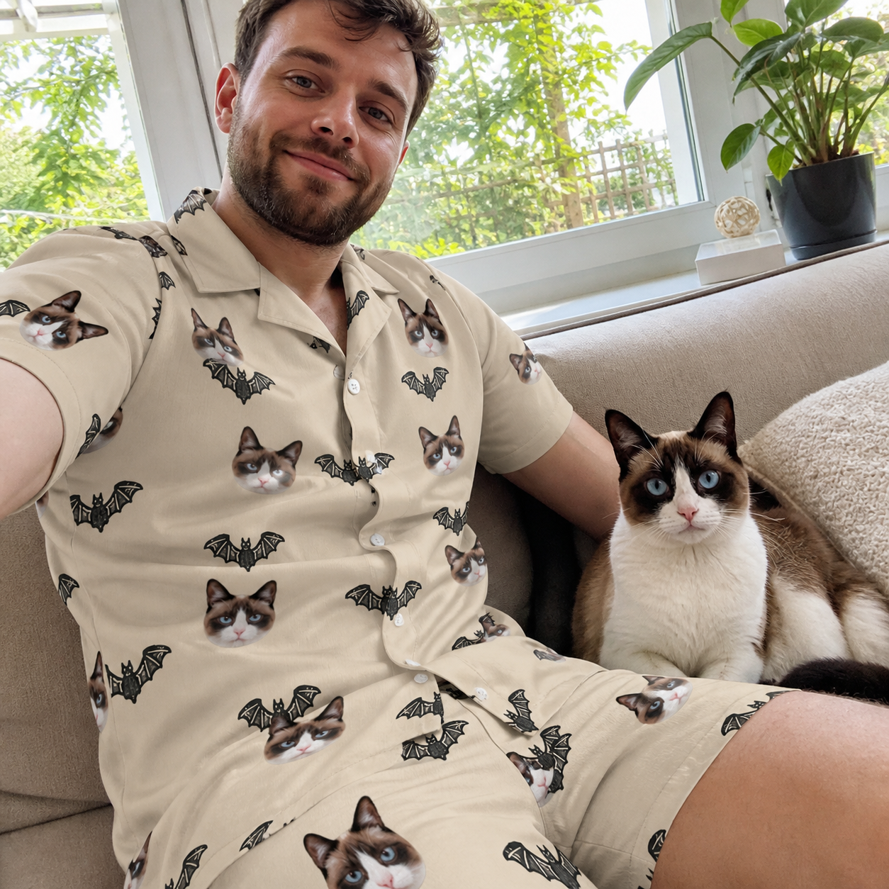Selfie with the pet whose face is printed all over this Men's Winged Whispers Custom Cat Face Shirt & Shorts Set