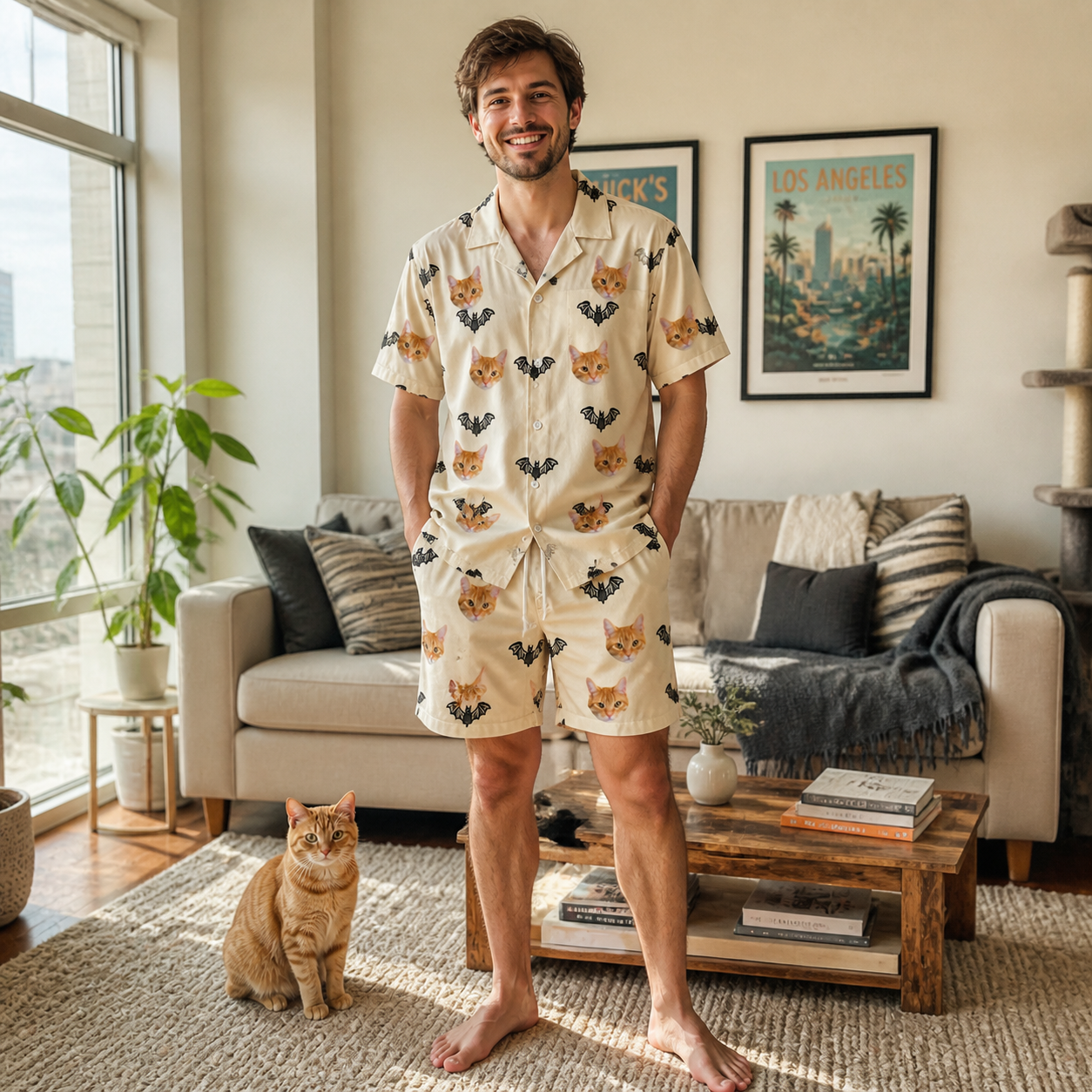Full-length photo with the pet printed all over this Men's Winged Whispers Custom Cat Face Shirt & Shorts Set
