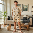 Full-length photo with the pet printed all over this Men's Winged Whispers Custom Cat Face Shirt & Shorts Set