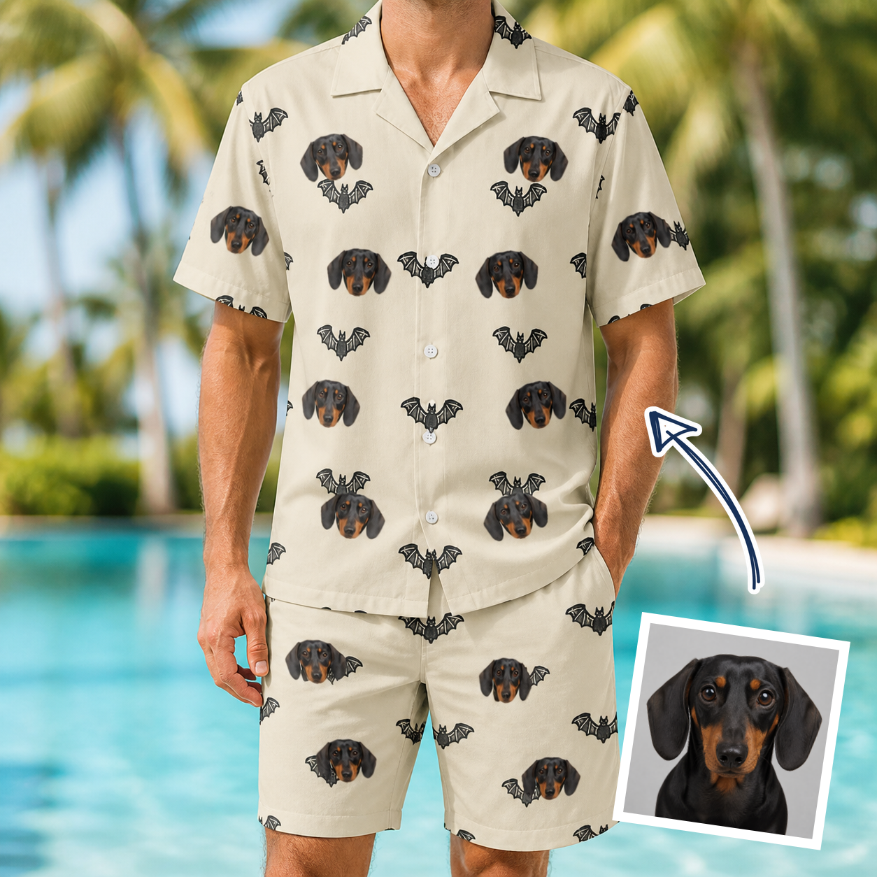 Man wearing Men's Winged Whispers Custom Dog Face Shirt & Shorts Set — custom faces printed all-over