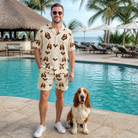 Full-length photo with the pet printed all over this Men's Winged Whispers Custom Dog Face Shirt & Shorts Set