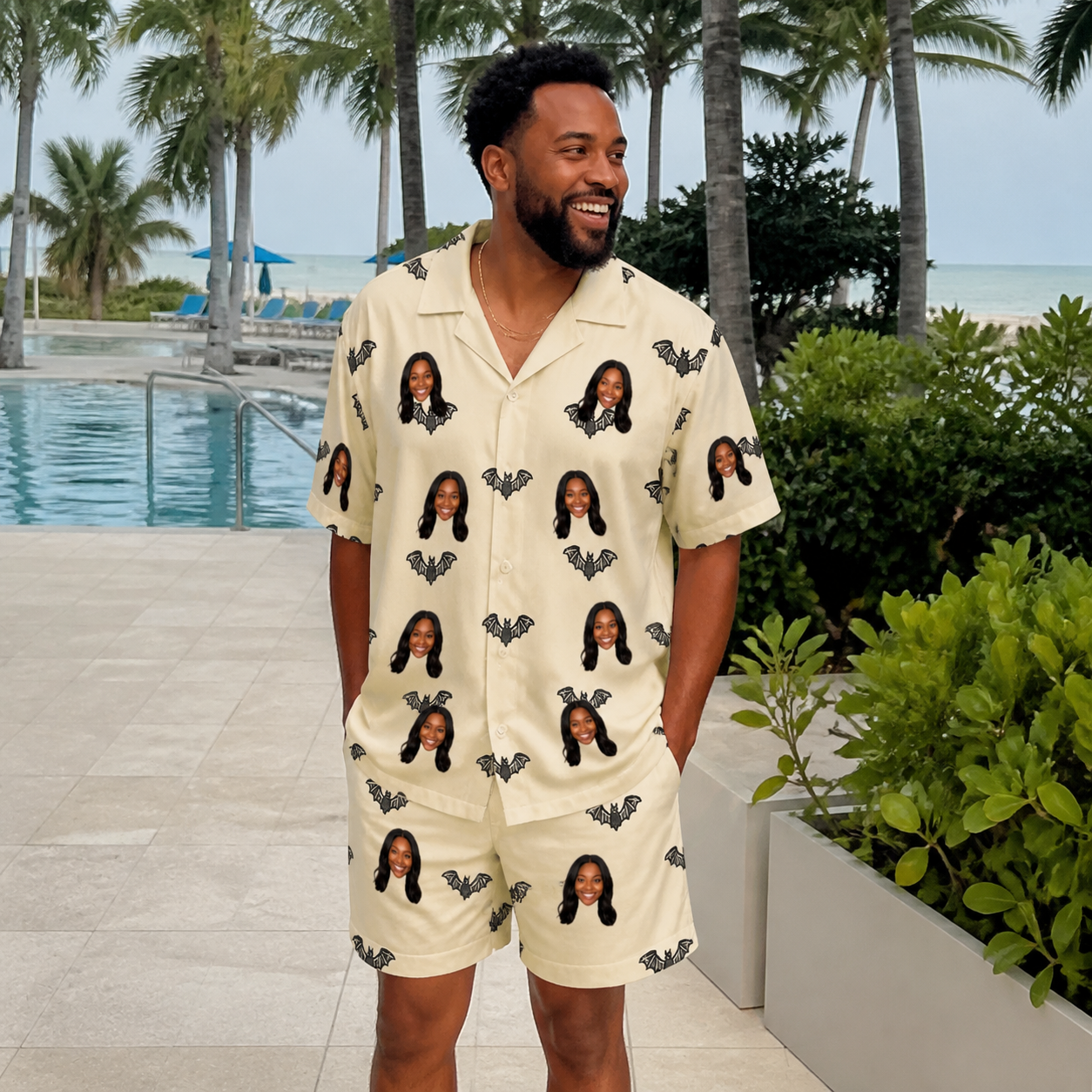 Real-life photo of someone wearing Men's Winged Whispers Custom Face Shirt & Shorts Set — custom faces printed all-over