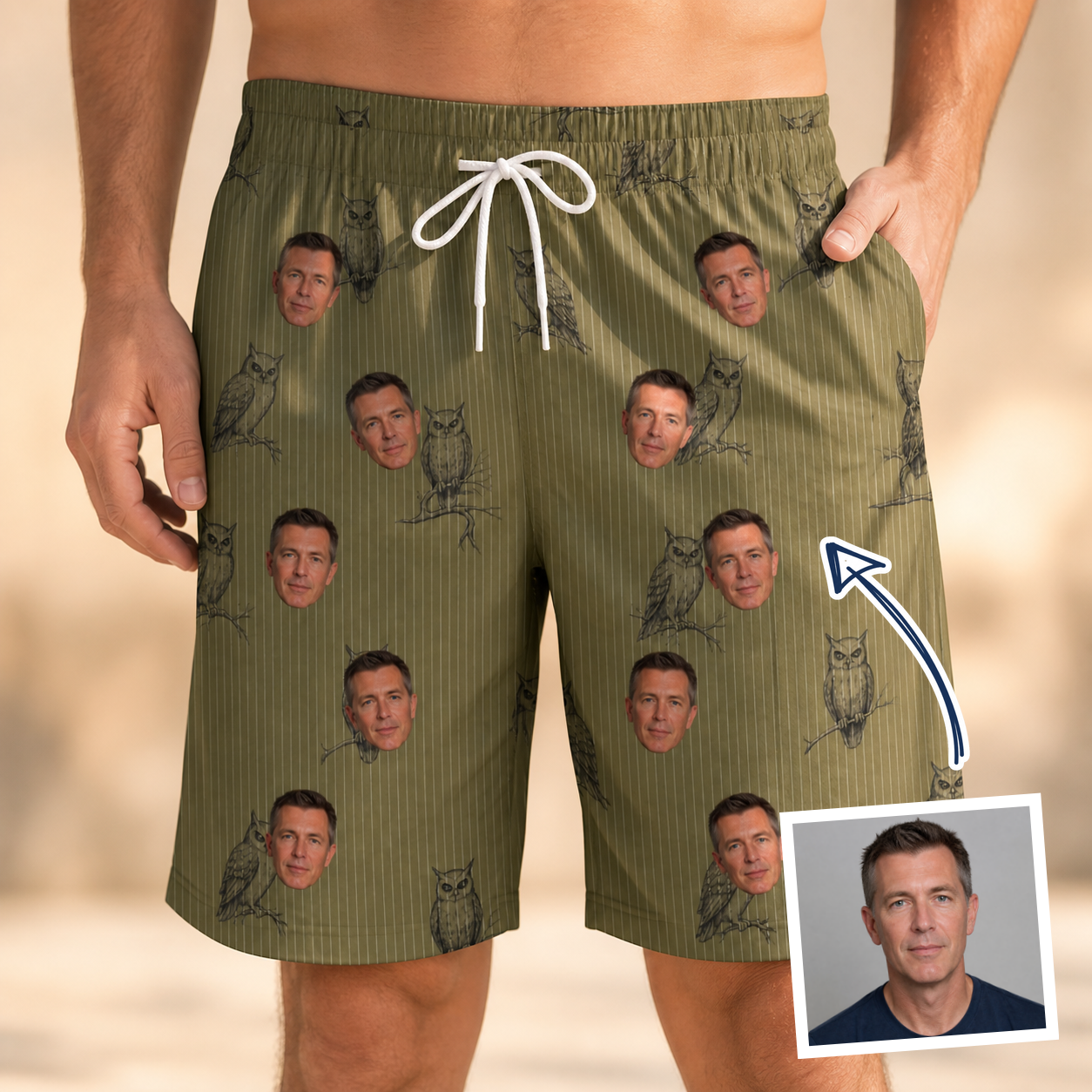 Man wearing Men's Owloween Custom Face Beach Shorts — custom faces printed all-over