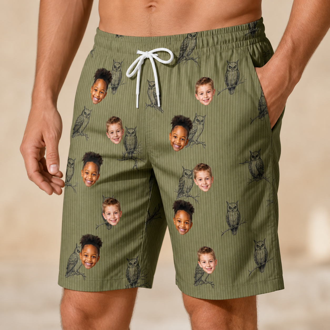 Model wearing Men's Owloween Custom Face Beach Shorts printed with kids' faces
