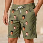 Model wearing Men's Owloween Custom Face Beach Shorts printed with kids' faces