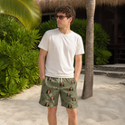 Real-life photo of someone wearing Men's Owloween Custom Face Beach Shorts — custom faces printed all-over