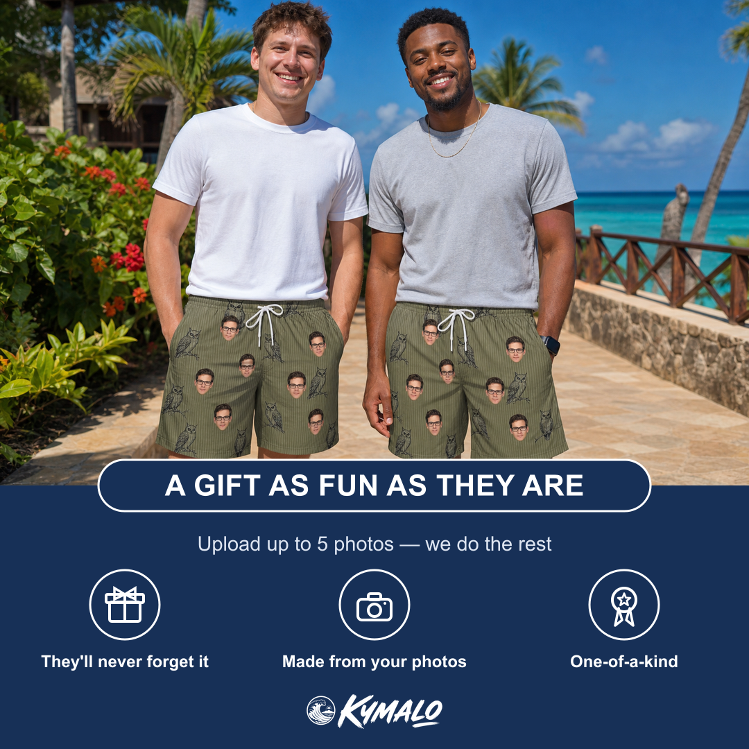 Friends in matching Men's Owloween Custom Face Beach Shorts — a group gift photo