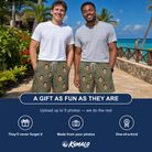 Friends in matching Men's Owloween Custom Face Beach Shorts — a group gift photo