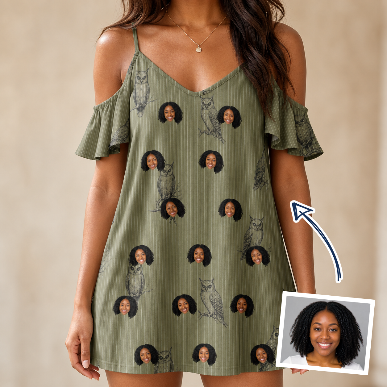 Woman wearing Women's Owloween Custom Face Off-Shoulder Dress — custom faces printed all-over
