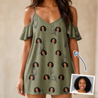 Woman wearing Women's Owloween Custom Face Off-Shoulder Dress — custom faces printed all-over
