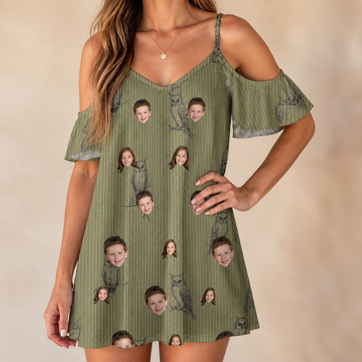 Model wearing Women's Owloween Custom Face Off-Shoulder Dress printed with kids' faces