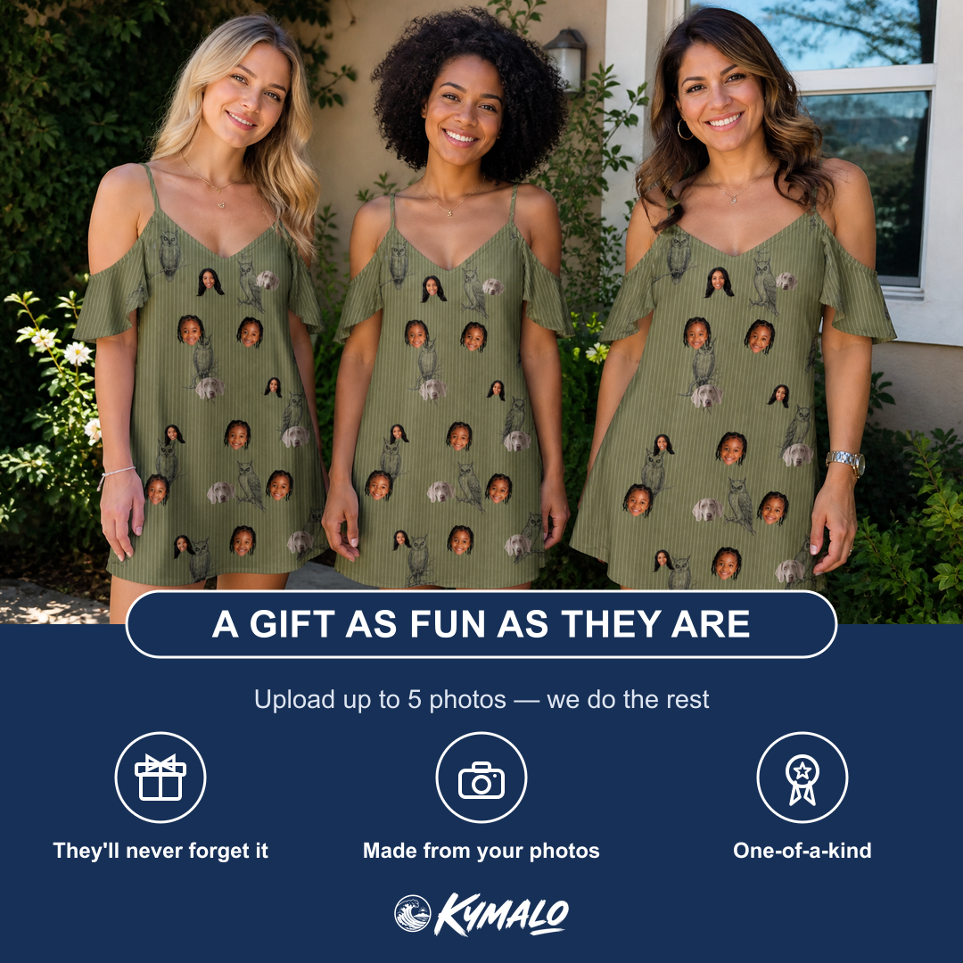 Friends in matching Women's Owloween Custom Face Off-Shoulder Dress — a group gift photo