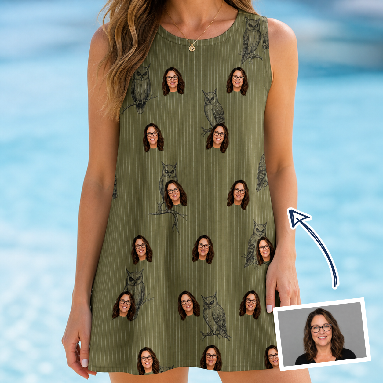 Woman wearing Women's Owloween Custom Face Tank Dress — custom faces printed all-over
