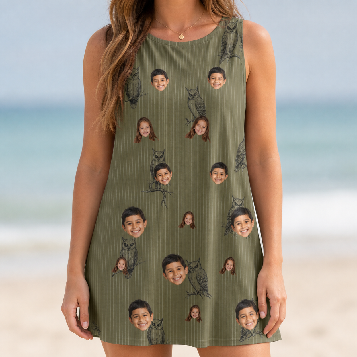 Model wearing Women's Owloween Custom Face Tank Dress printed with kids' faces