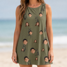 Model wearing Women's Owloween Custom Face Tank Dress printed with kids' faces