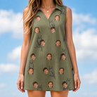 Model wearing Women's Owloween Custom Face V-Neck Dress printed with kids' faces