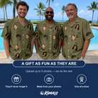 Friends in matching Men's Owloween Custom Face Hawaiian Shirt — a group gift photo