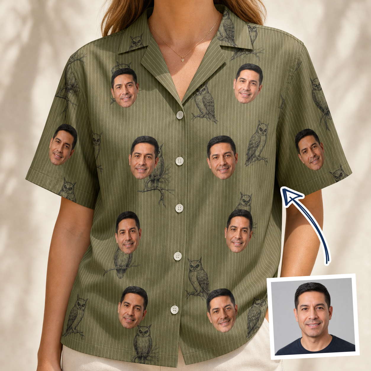 Woman wearing Women's Owloween Custom Face Hawaiian Shirt — custom faces printed all-over
