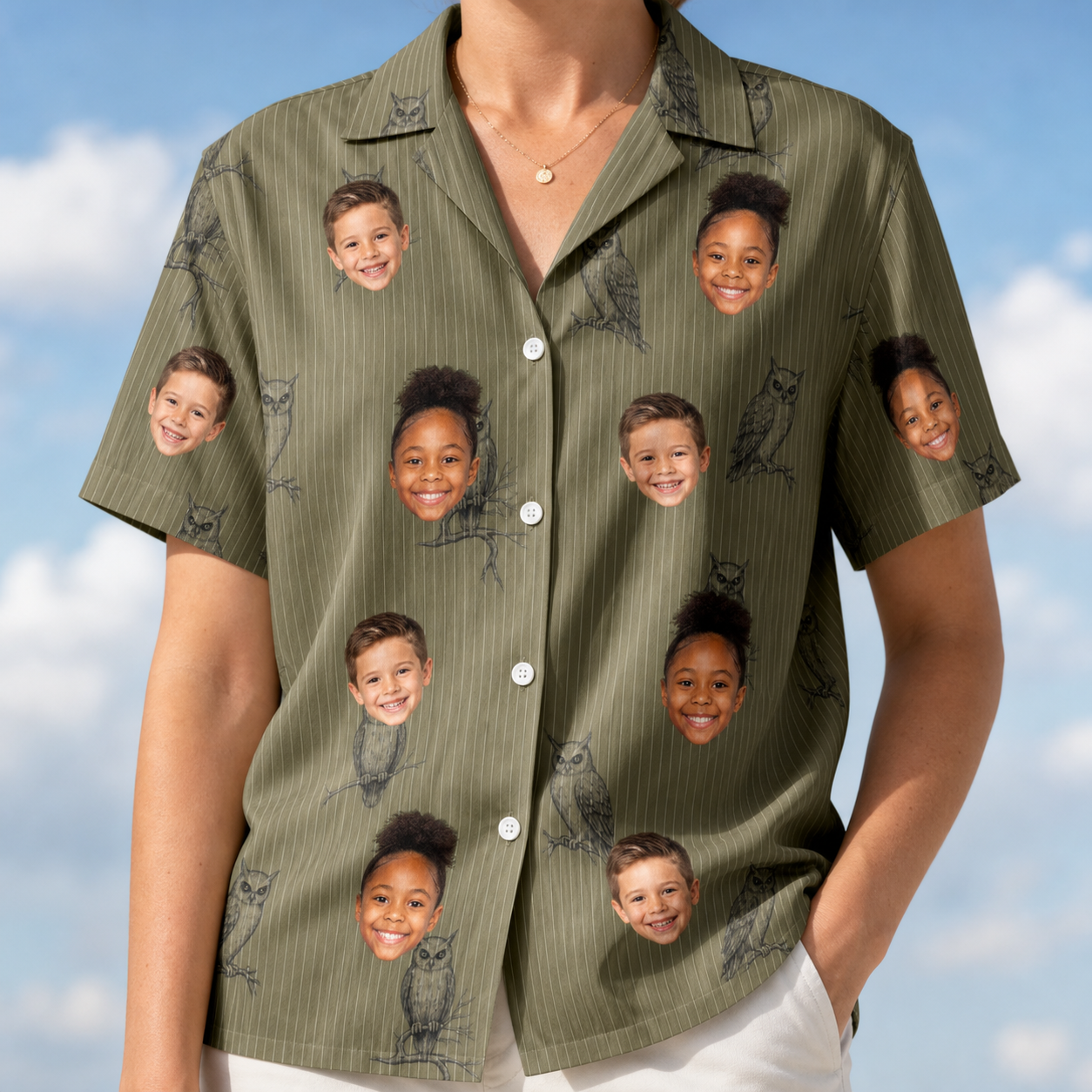 Model wearing Women's Owloween Custom Face Hawaiian Shirt printed with kids' faces