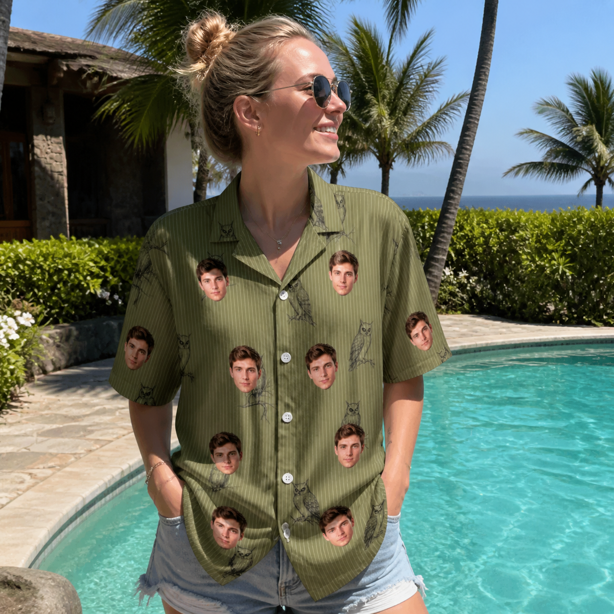 Real-life photo of someone wearing Women's Owloween Custom Face Hawaiian Shirt — custom faces printed all-over