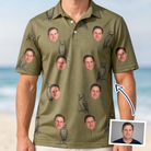 Man wearing Men's Owloween Custom Face Polo Shirt — custom faces printed all-over