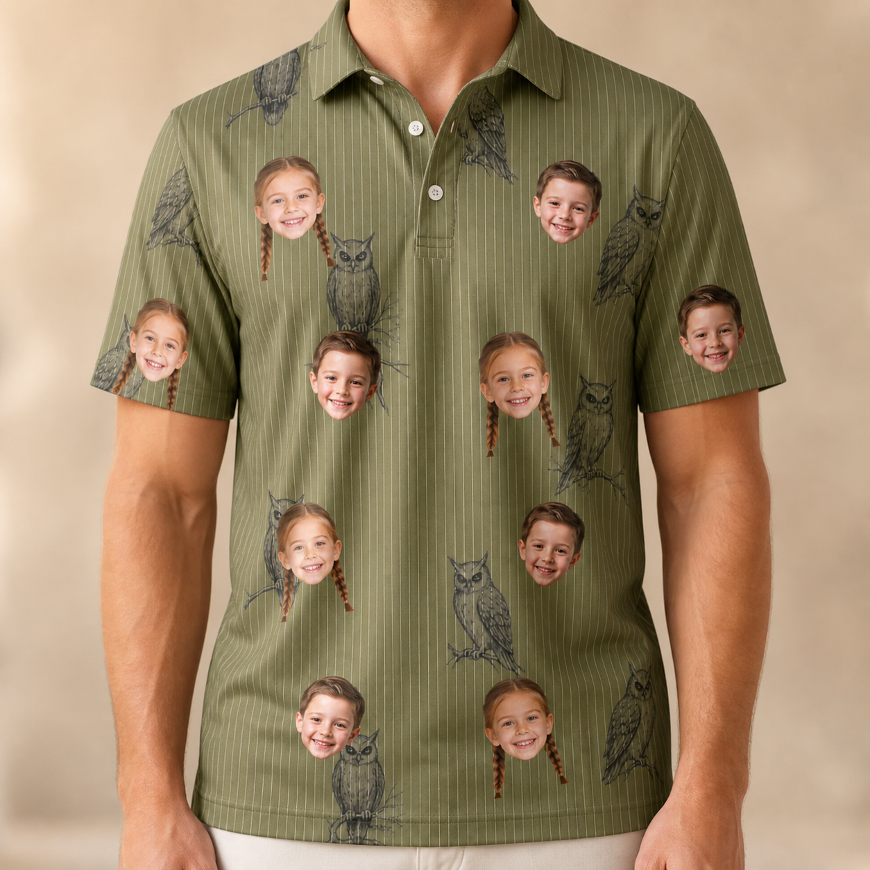 Model wearing Men's Owloween Custom Face Polo Shirt printed with kids' faces