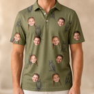 Model wearing Men's Owloween Custom Face Polo Shirt printed with kids' faces