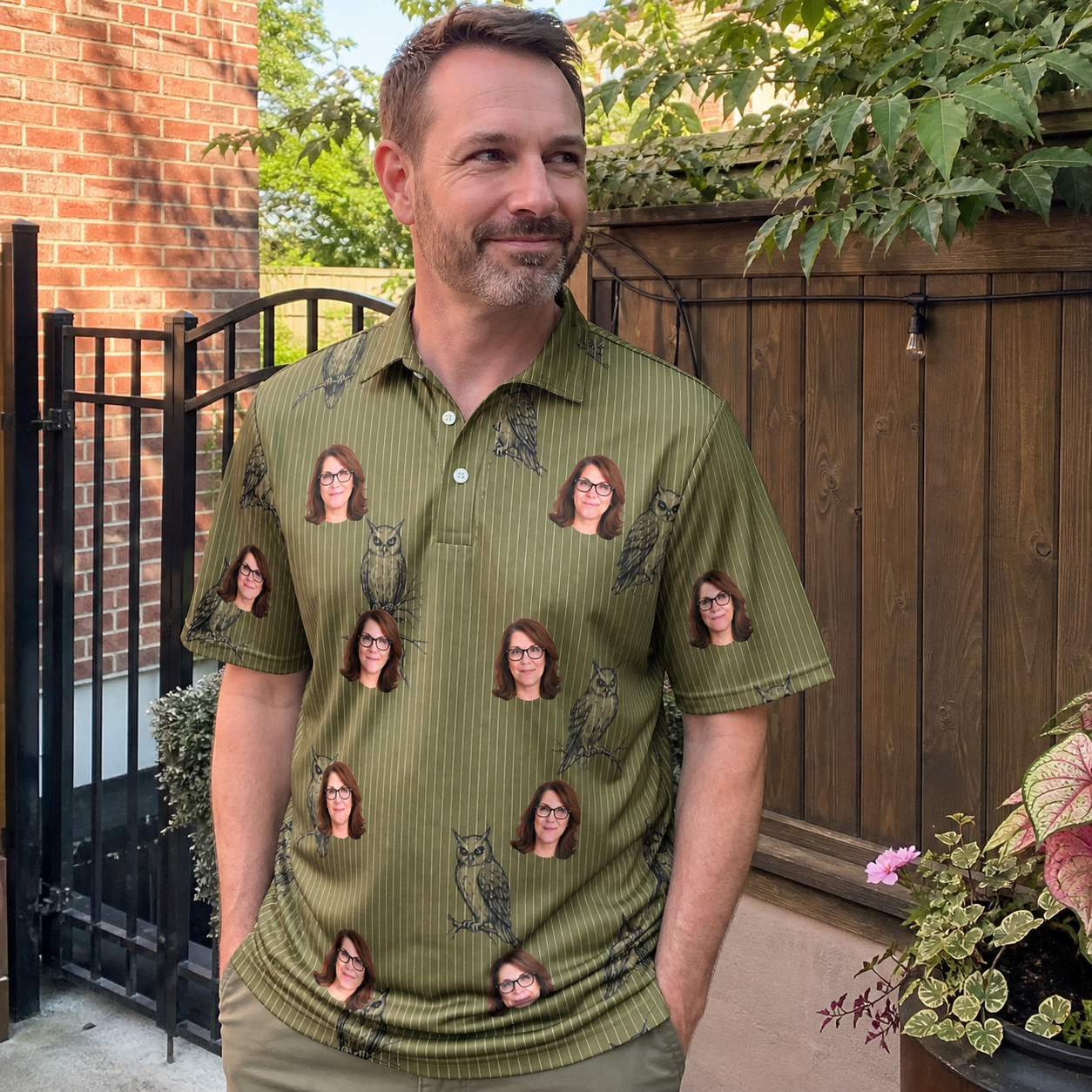 Real-life photo of someone wearing Men's Owloween Custom Face Polo Shirt — custom faces printed all-over