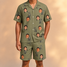 Model wearing Men's Owloween Custom Face Shirt & Shorts Set printed with kids' faces