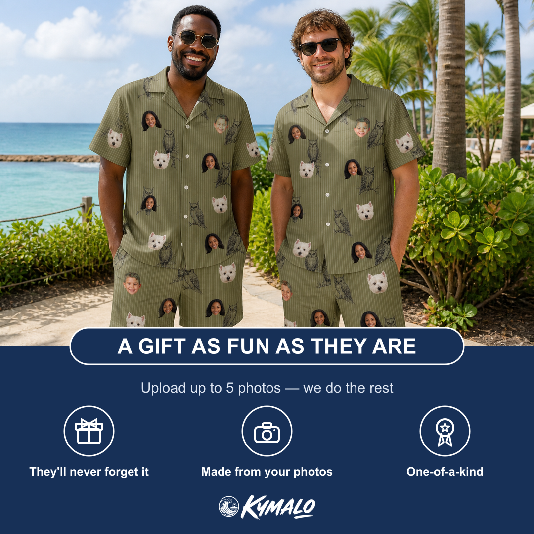 Friends in matching Men's Owloween Custom Face Shirt & Shorts Set — a group gift photo