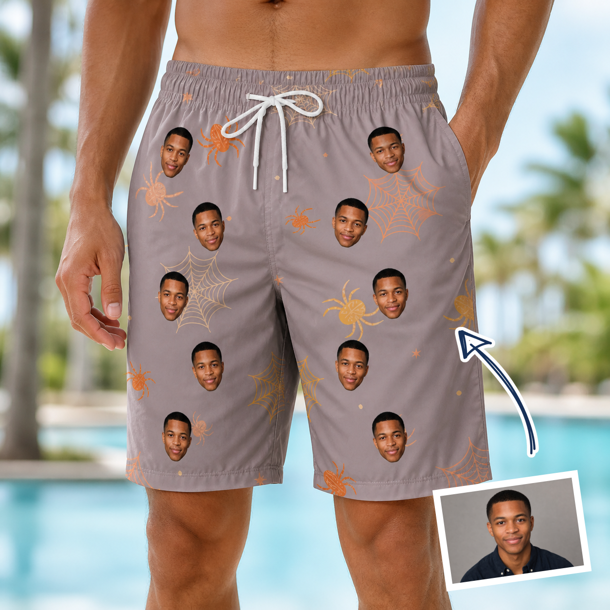 Man wearing Men's Haunted Lattice Custom Face Beach Shorts — custom faces printed all-over