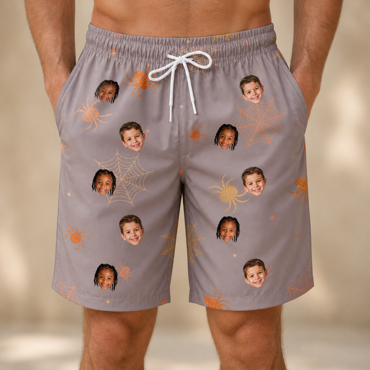 Model wearing Men's Haunted Lattice Custom Face Beach Shorts printed with kids' faces