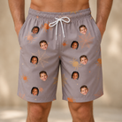 Model wearing Men's Haunted Lattice Custom Face Beach Shorts printed with kids' faces