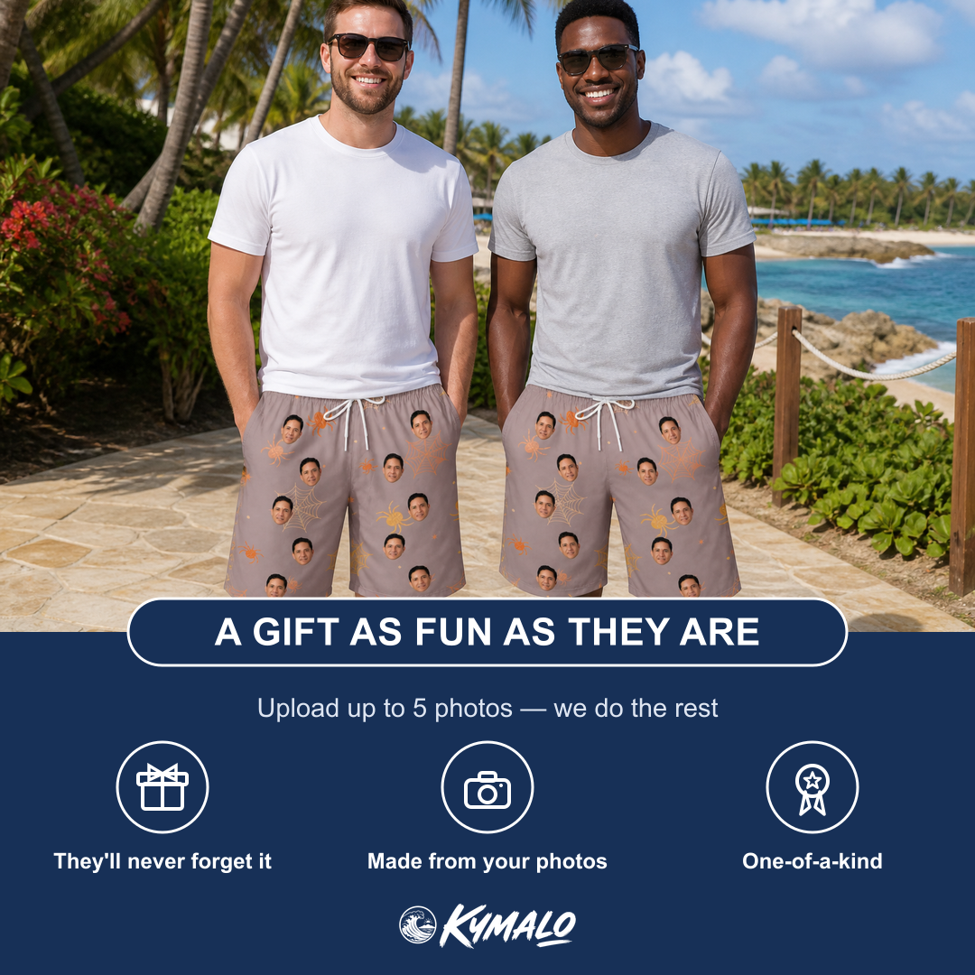 Friends in matching Men's Haunted Lattice Custom Face Beach Shorts — a group gift photo