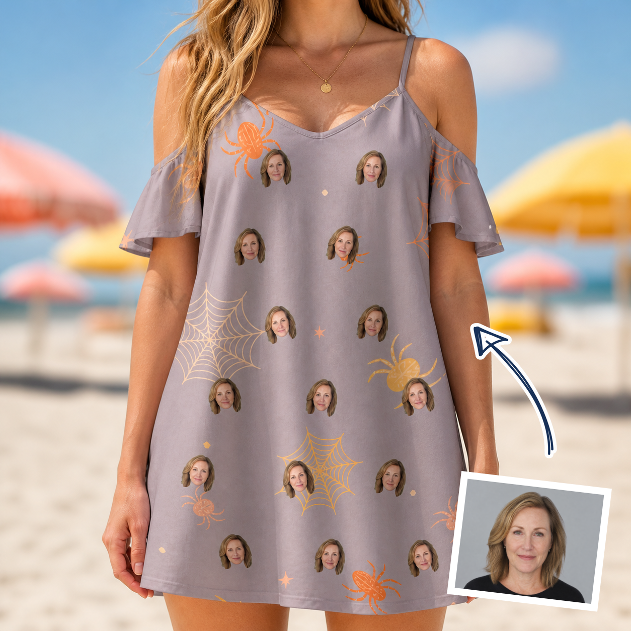 Woman wearing Women's Haunted Lattice Custom Face Off-Shoulder Dress — custom faces printed all-over
