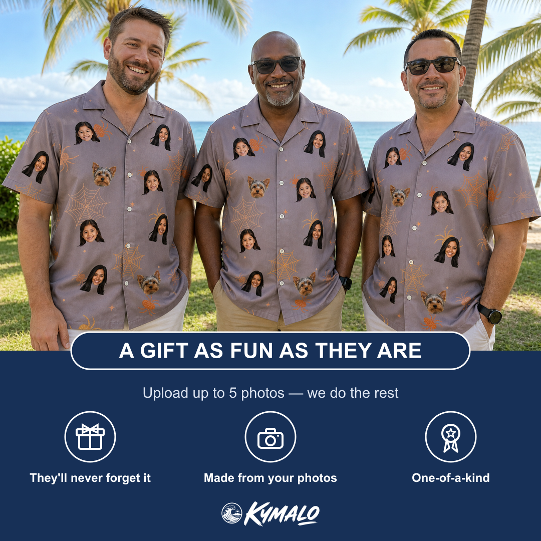 Friends in matching Men's Haunted Lattice Custom Face Hawaiian Shirt — a group gift photo