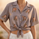 Woman wearing Women's Haunted Lattice Custom Face Hawaiian Shirt tied at the waist