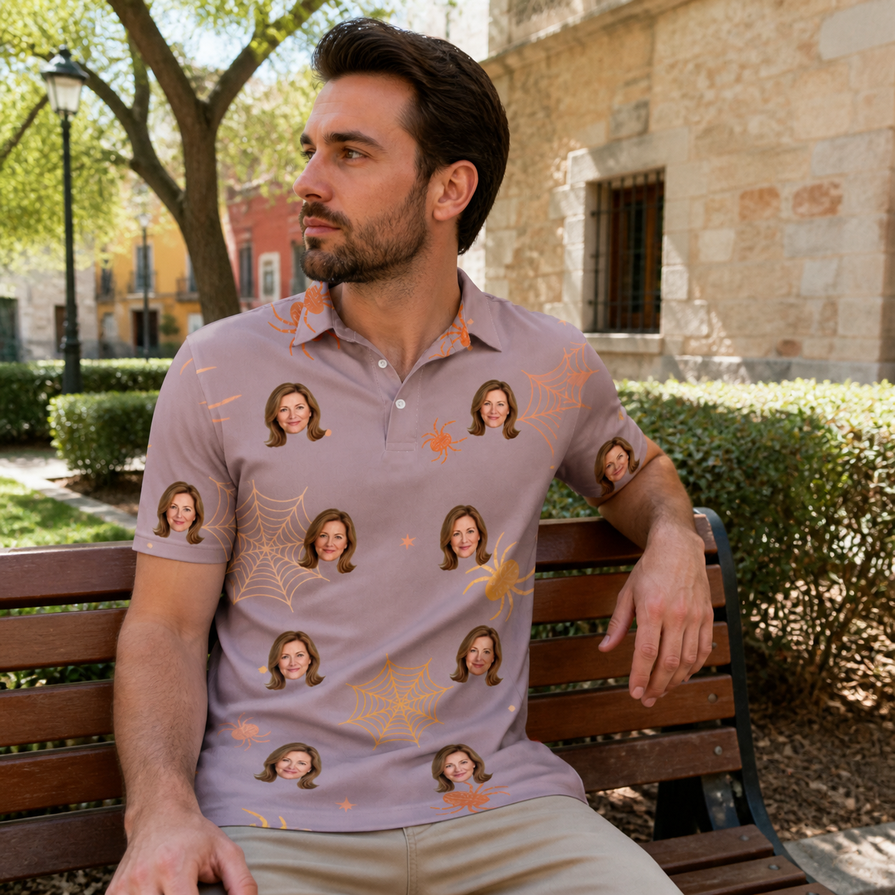 Real-life photo of someone wearing Men's Haunted Lattice Custom Face Polo Shirt — custom faces printed all-over