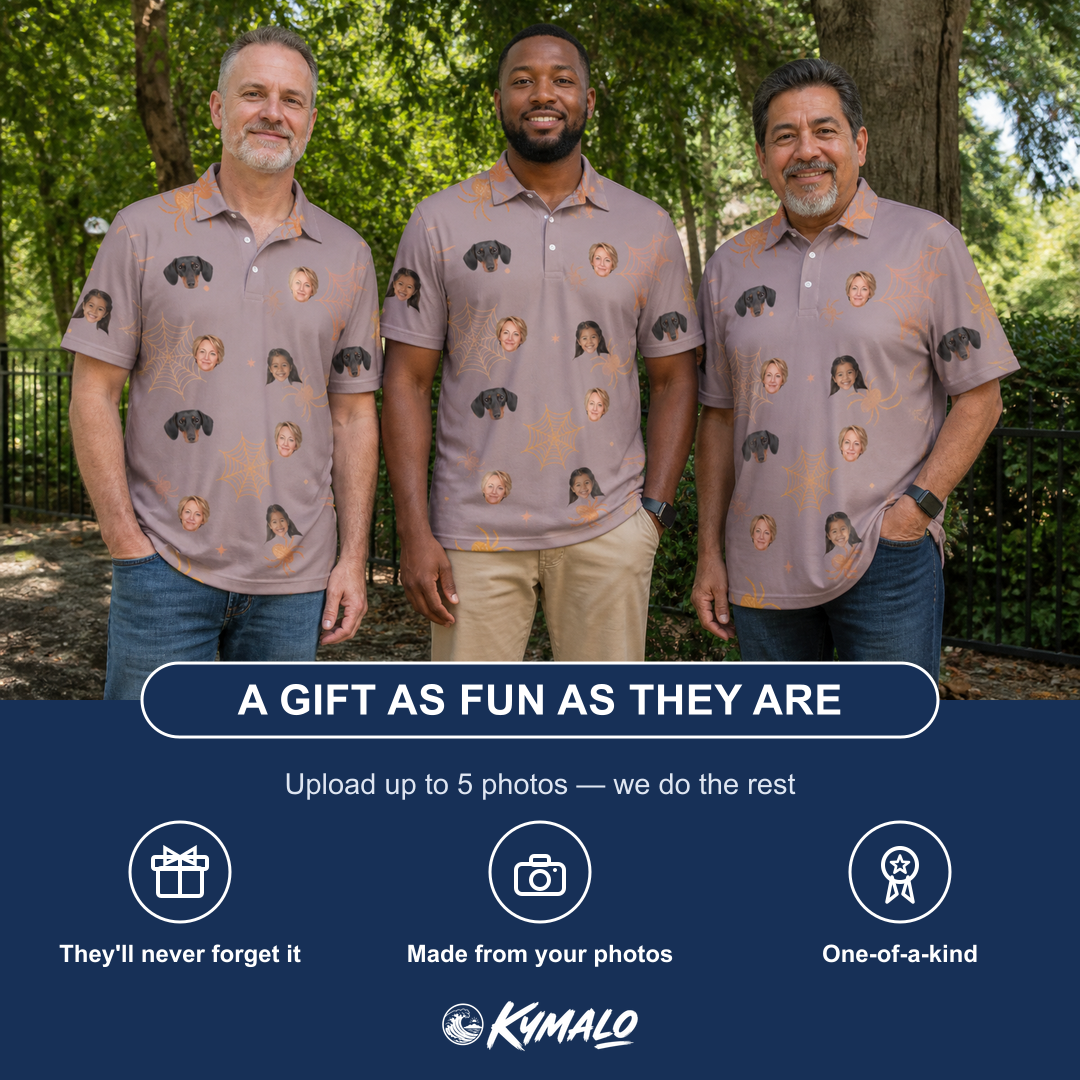 Friends in matching Men's Haunted Lattice Custom Face Polo Shirt — a group gift photo