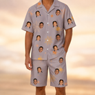Model wearing Men's Haunted Lattice Custom Face Shirt & Shorts Set printed with kids' faces