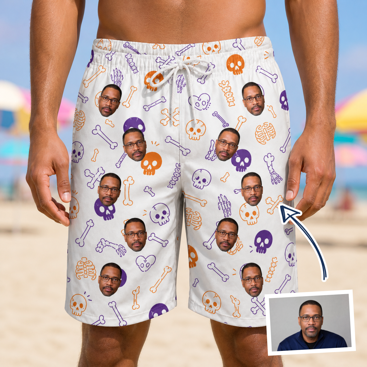 Man wearing Men's Humerus Humor Custom Face Beach Shorts — custom faces printed all-over