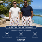 Friends in matching Men's Humerus Humor Custom Face Beach Shorts — a group gift photo